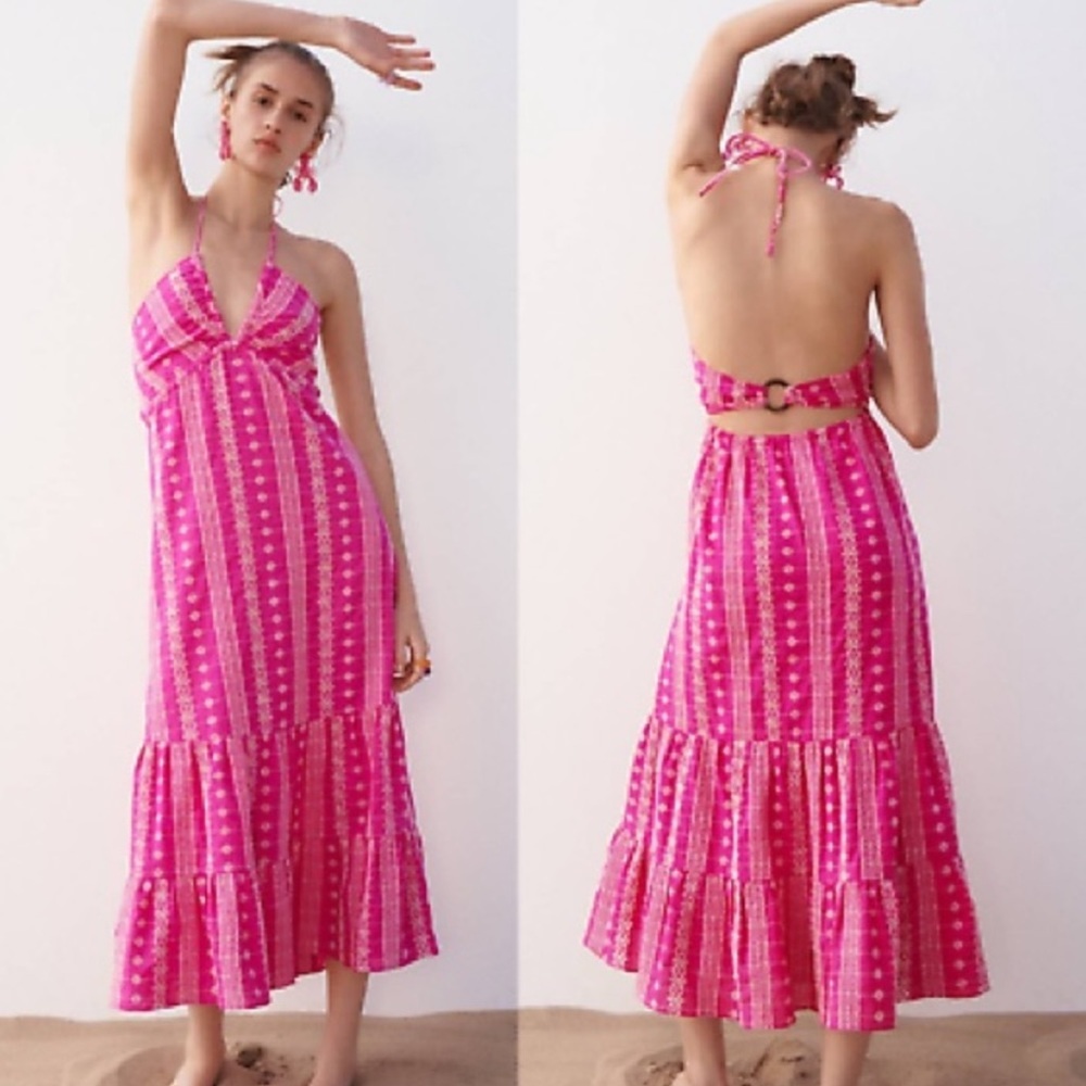 Zara Blogger Fave Pink Halter Back Tiered Eyelet Embroidered Midi Dress Sz M